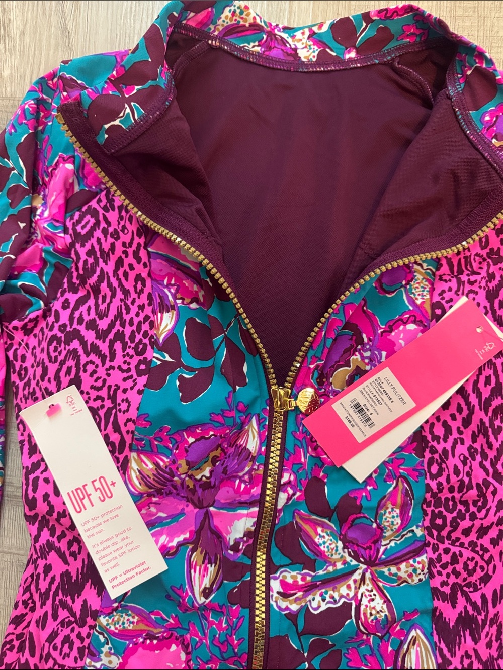 Lilly Pulitzer Raffa Rashguard Teal & Fuchsia Floral Long-Sleeve One-Piece Swim - Picture 2 of 5